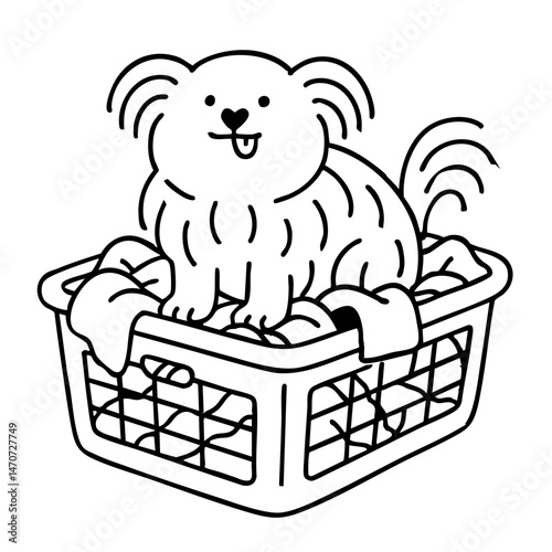a cute hairy dog sit and playing on top laundry basket