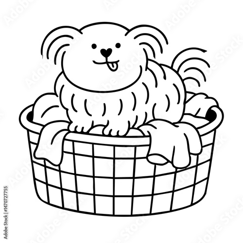 a cute hairy dog sit and playing on top laundry basket