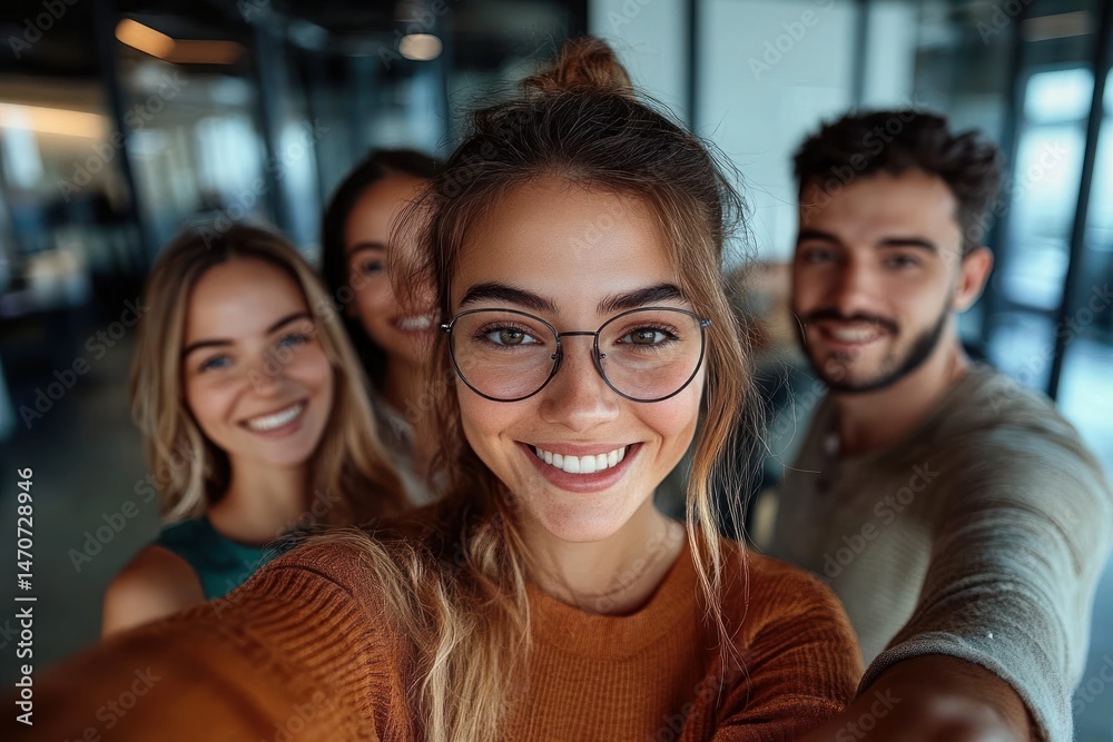 Fototapeta premium Group of four young adults smiling and taking a selfie together indoors with warm and friendly expressions