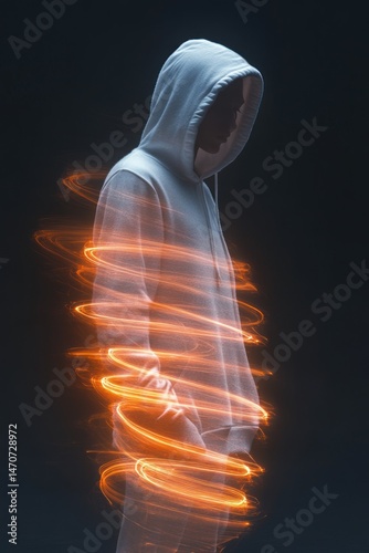 Person in white hooded sweatshirt standing with head down surrounded by glowing orange spiral light in dark setting conveying solitude and introspection
