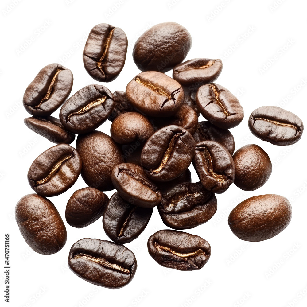 Obraz premium Freshly roasted coffee beans isolated on a transparent background showcasing their rich color and texture in a natural setting, coffee beans isolated Stock Photo