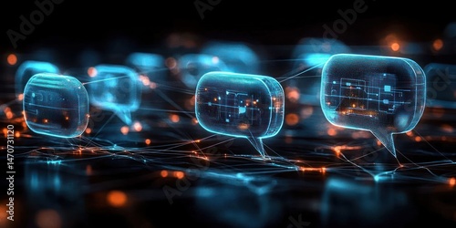 Digital holographic speech bubbles interconnected by glowing network lines representing communication and data exchange in a futuristic virtual environment