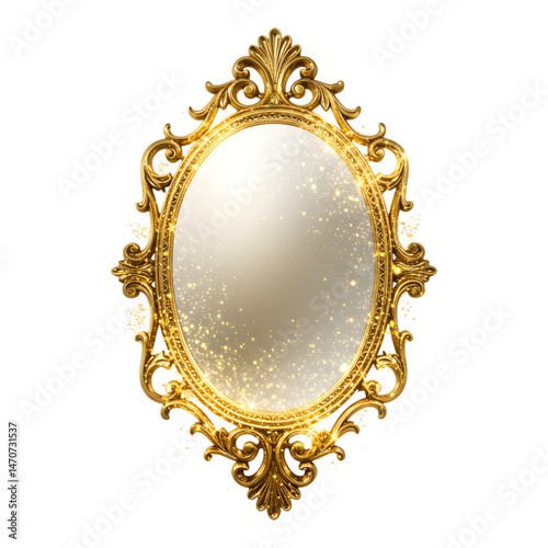 Golden ornate mirror with intricate decorative design around the frame
