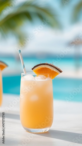 Refreshing Coconut Drink with Orange Garnish by Poolside