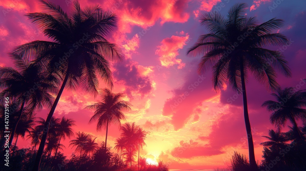 Obraz premium Pink Paradise: Tropical Sunset Silhouette