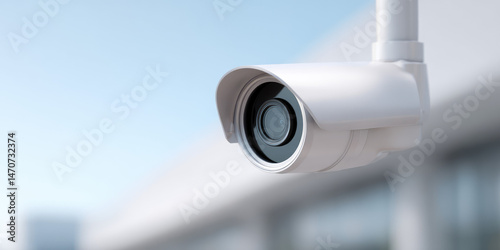 A security camera is mounted on a wall, focused outward. Surveillance technology concept