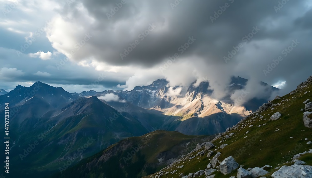view of a mountain range under a cloudy sky view of a mountain range under a cloudy sky