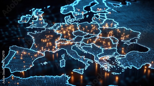 Digital 3D map of Europe with glowing blue borders and illuminated orange city lights representing population or data points at night