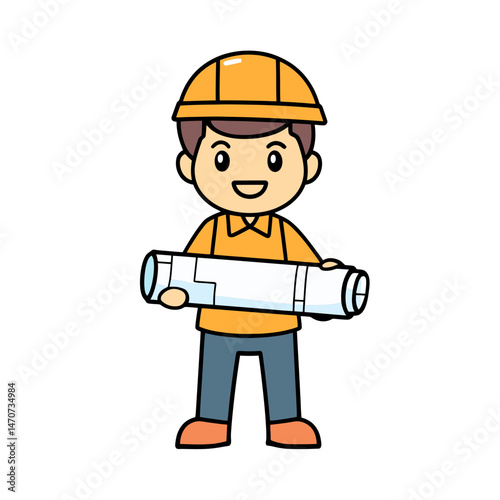 Cute cartoon architect holding blueprints in a flat design style on a plain background, ideal for educational or decorative purposes