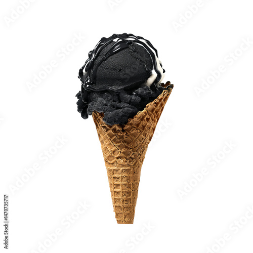 A single scoop of black ice cream in a waffle cone with drizzle