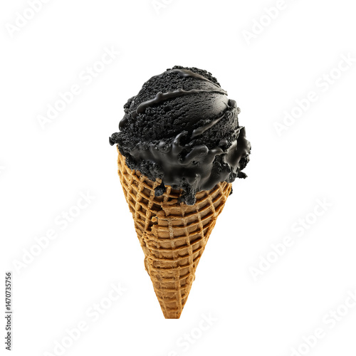 A single scoop of black ice cream sits atop a brown cone, offering a unique and delicious treat. This eye-catching dessert is sure to tempt the senses