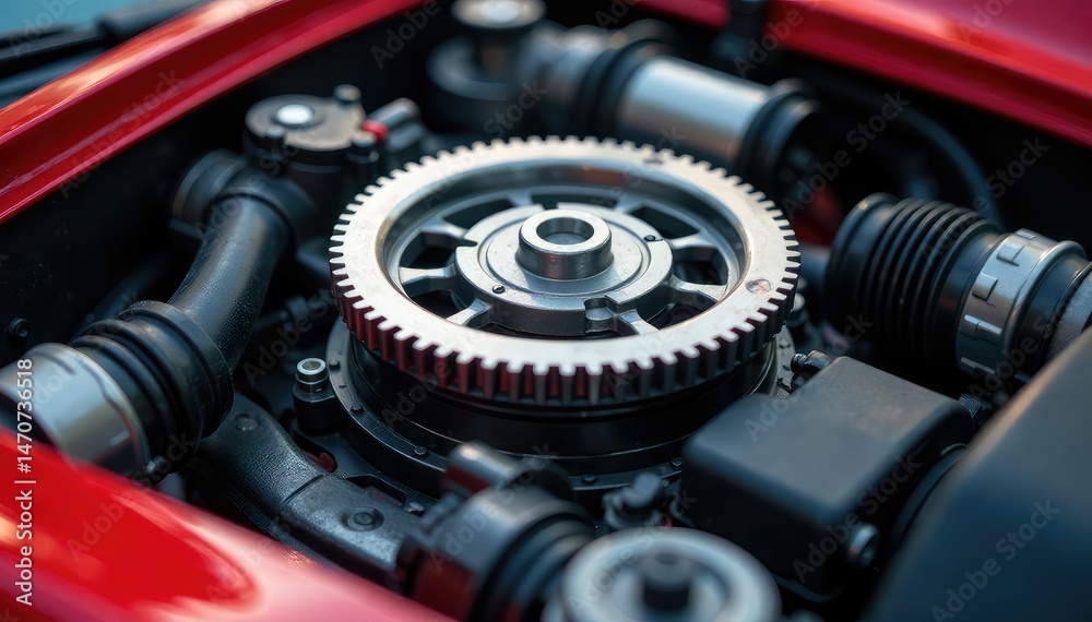 Fototapeta premium Close-up of intricate gear mechanism inside a vibrant sports car engine, showcasing precision engineering , abstract, gear system