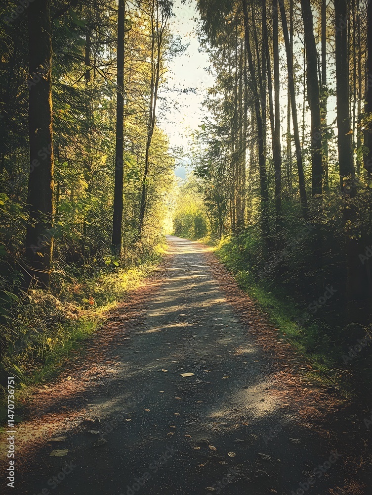 Fototapeta premium Sunlit path winding through a lush green forest, dappled sunlight filtering through leaves creating magical atmosphere.