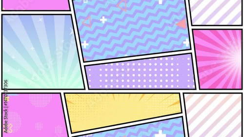 Seamlessly looping animated background. Comic book style effect lines and pop art with polka dots and shapes01