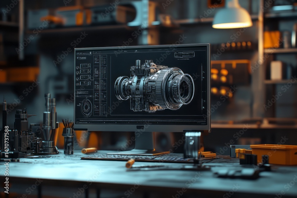 Fototapeta premium Detailed mechanical design displayed on a monitor in a workshop setting.
