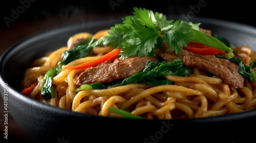 Asian dish with noodles, beef and vegetables