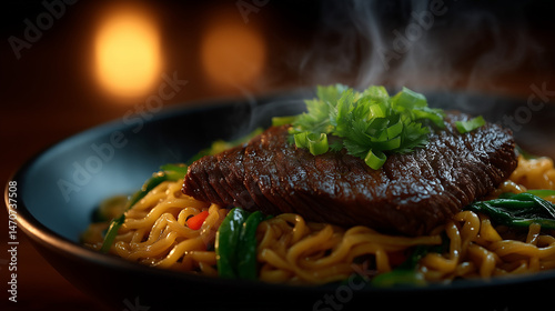 Steaming Bowl of Noodles with Grilled Beef and Fresh Vegetables