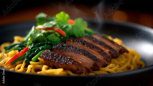 Delicious Grilled Beef with Fresh Noodles and Herb Garnish