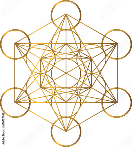 Golden Metatrons Cube, stroke vector, a mystical symbol, derived from the Flower of Life. Sacred Geometry. Thirteen circles are connected with golden lines. Spiritual symbol. Transparent background