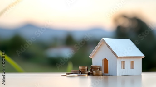 White Miniature House with Stack of Coins on Table Against Blurred Sunset Landscape