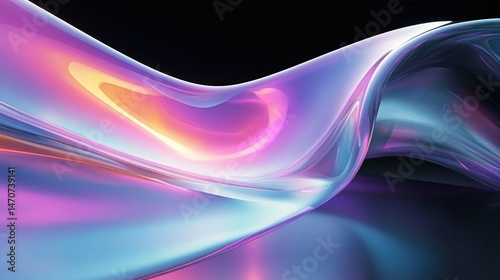 Smooth flowing fluid-like iridescent surface with vibrant purple, pink, blue, and yellow highlights against a dark background conveying a futuristic and dynamic mood