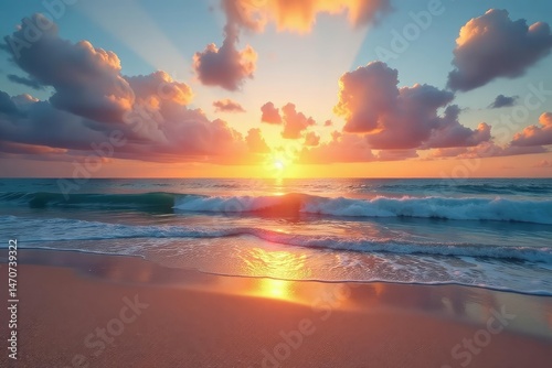 Golden sunset paints the sky above a tranquil beach Soft sand, gentle waves , vibrant, red, beach