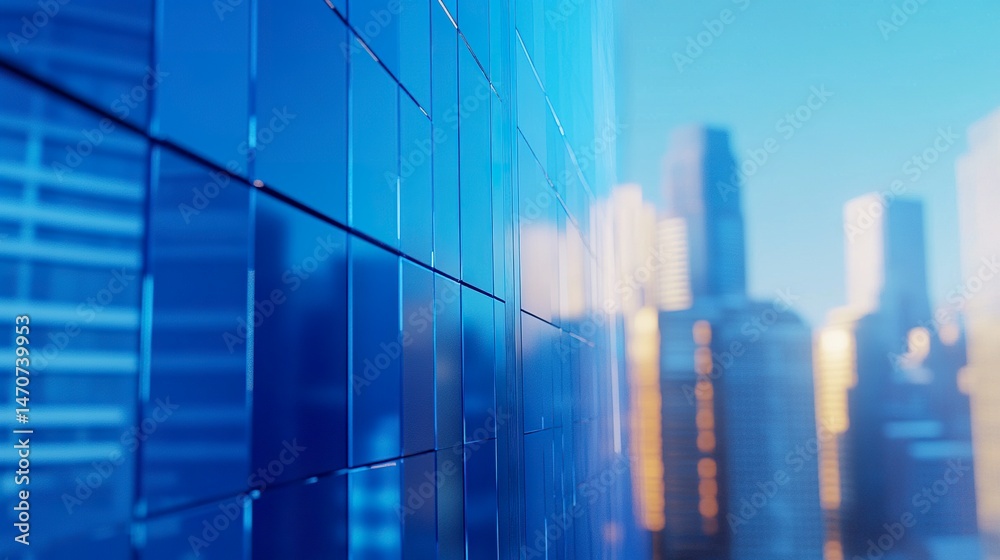 Obraz premium Close-up of a modern building's blue glass panels, city business center blurred in the background; medium shot, clean lines, professional ambiance 