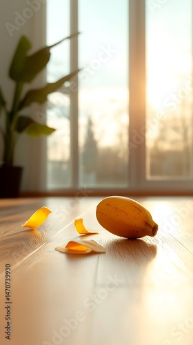 Banana Peel on Hardwood Floor Near Window with Sunlight
