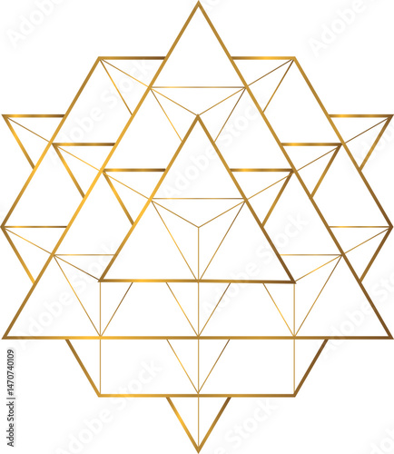 Golden Tetrahedron, Star, Sacred Geometry. Golden merkaba symbol isolated on transparent background. Vector illustration.