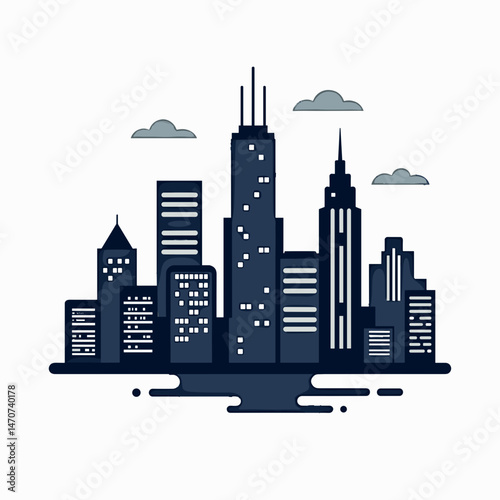 modern city skyline illustration with blue and gray tones