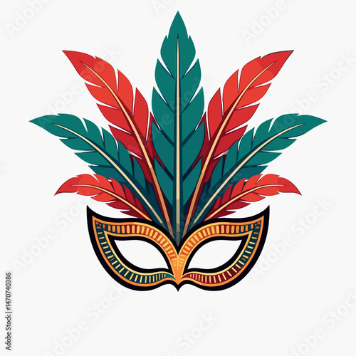vibrant mask with red and green feathers