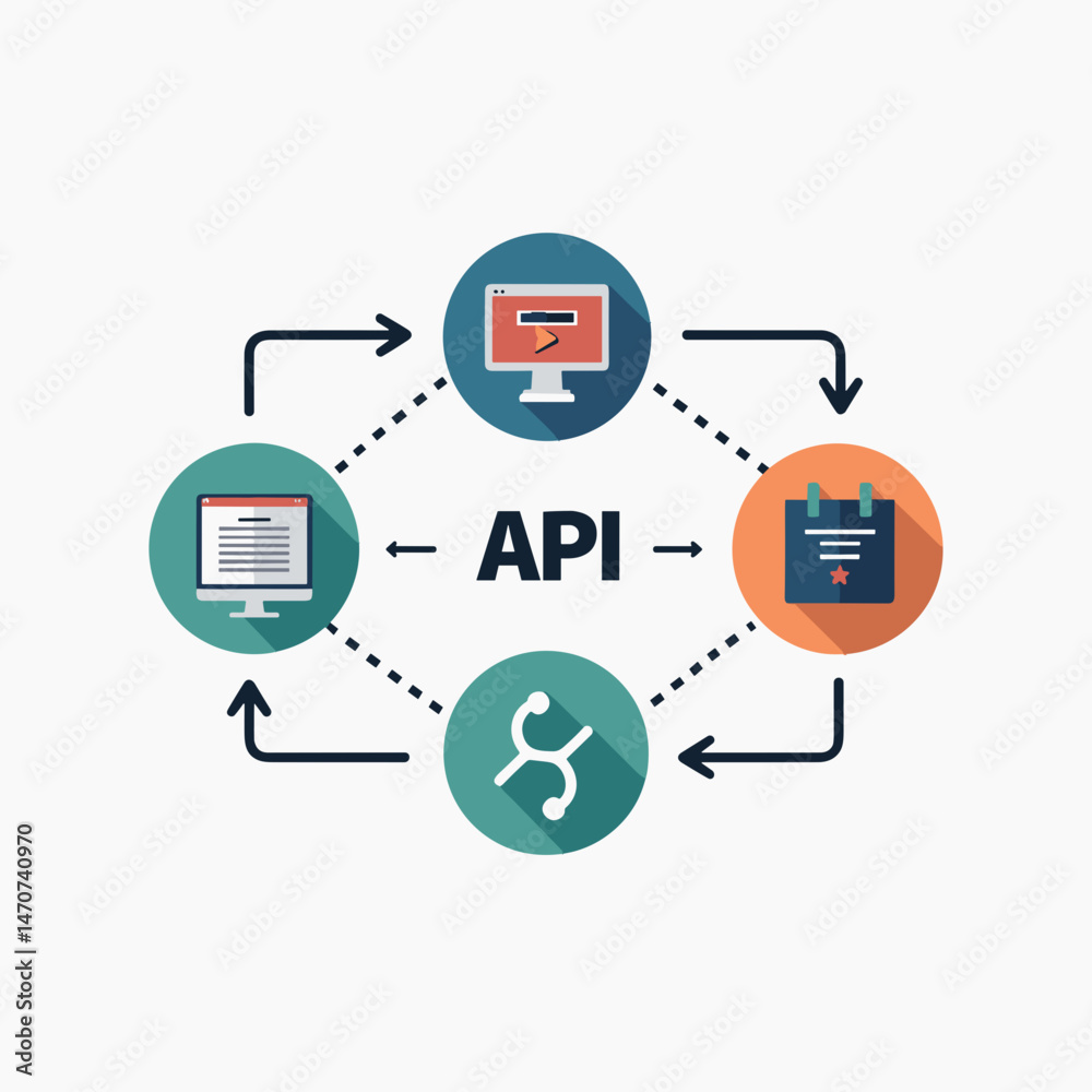 api integration connections with icons of computer, laptop, email, and documents api integration connections with icons of computer, laptop, email, and documents