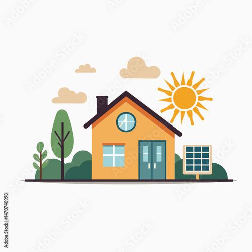 ecofriendly home illustration with solar panels, green tree, sunny sky