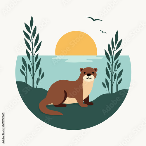 wildlife illustration otter by water with sunset