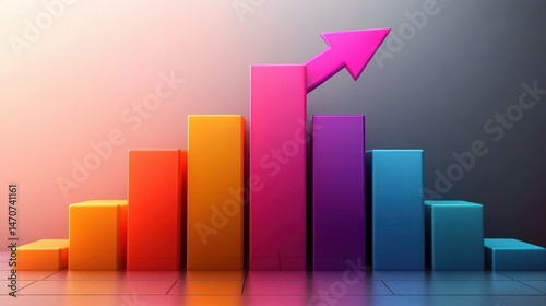 Free Download Colorful 3D bar chart with ascending and descending bars highlighted by a large upward arrow representing growth or progress - GFXLoad