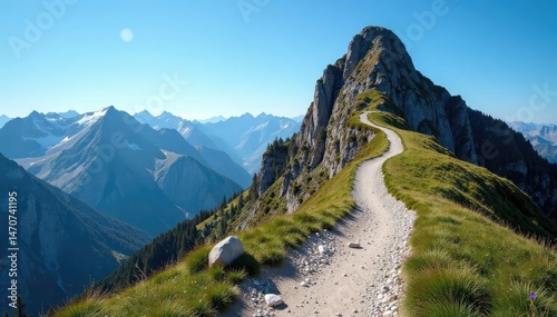 Majestic mountain peak, rocky trail winding upwards, clear blue sky , travel, mountain