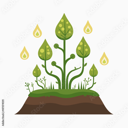 ecofriendly plant growth illustration with green leaves and yellow flowers