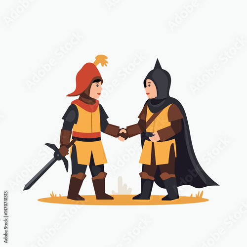 medieval knights shake hands in yellow armor