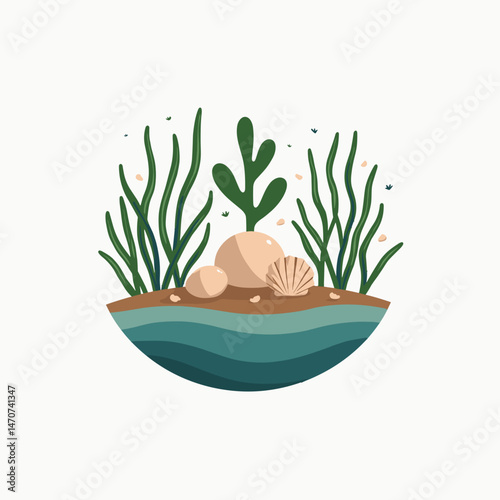 vibrant aquatic ecosystem illustration with green plants and shells