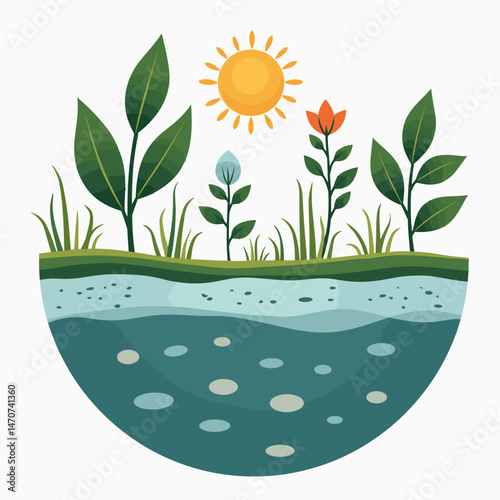 vibrant ecosystem illustration with sunflower, water lily, and aquatic plants