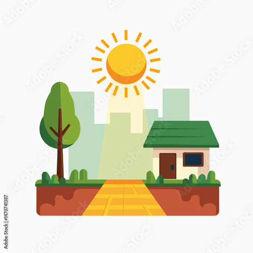 vibrant illustration of sunny day in suburban village with green trees and buildings