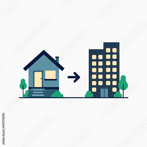 house to apartment transition illustration  colorful flat design