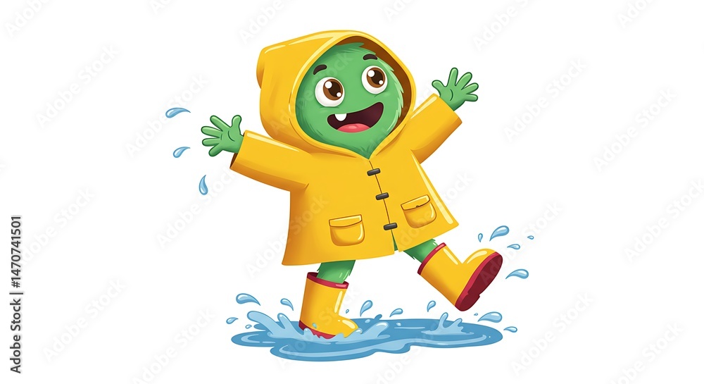 Obraz premium Happy cartoon character in raincoat splashing puddle graphic illustration