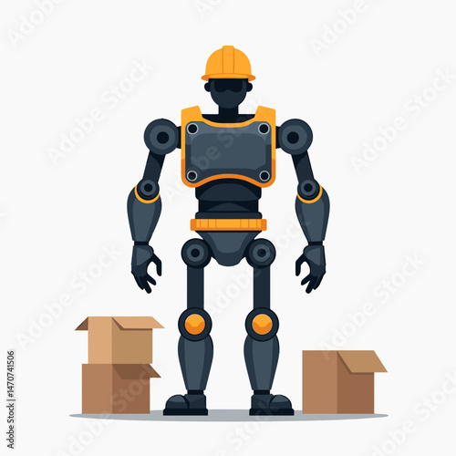 robotic construction worker with yellow safety helmet, standing by brown cardboard boxes