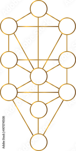 Flower of life sacred geometry illustration with circles and golden lines. Vector illustration of the Kabbalistic Tree of Life in gold (yellow color). Mystical, esoteric and spiritual design. 