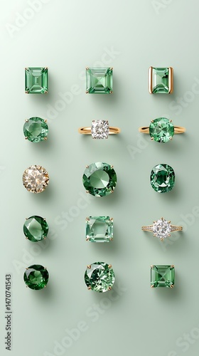 Green Gemstone and Diamond Jewelry Collection on Green Background