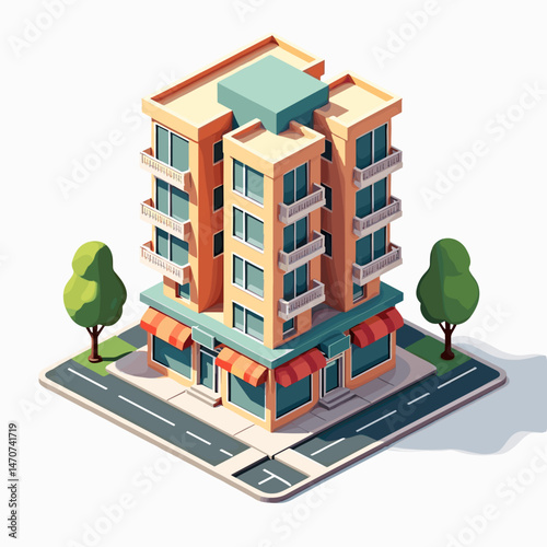 render of multistory apartment building with shops on ground floor
