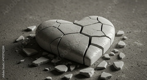 A close-up artistic image of a cracked white stone heart lying broken on a textured surface — fragments scattered as a symbolic still life. The composition should evoke emotions of fragile love, emoti