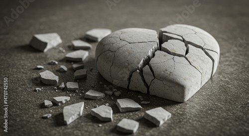 A close-up artistic image of a cracked white stone heart lying broken on a textured surface — fragments scattered as a symbolic still life. The composition should evoke emotions of fragile love, emoti