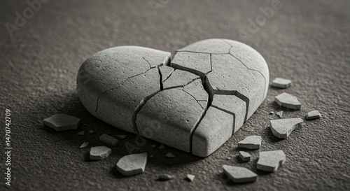 A close-up artistic image of a cracked white stone heart lying broken on a textured surface — fragments scattered as a symbolic still life. The composition should evoke emotions of fragile love, emoti